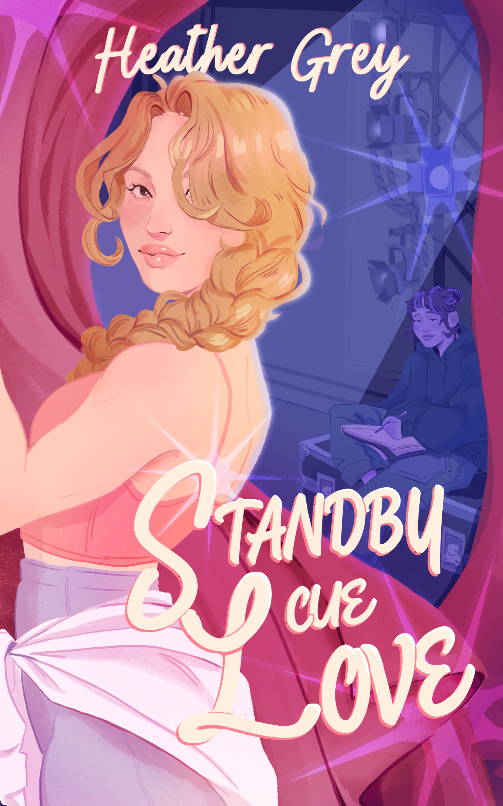 Standby Cue Love book cover — A woman in a pink dress looks over her shoulder backstage at a theater, with stage lights and curtains surrounding her